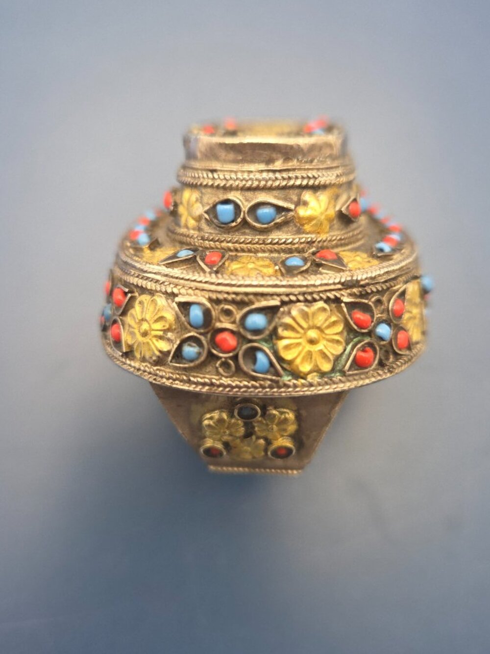 Vintage Turkmen Double Finger Ring Central Asian Tribal Silver Turquoise Coral - Picture 9 of 13